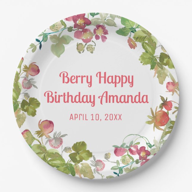Berry Happy Strawberry Birthday  Paper Plates (Front)