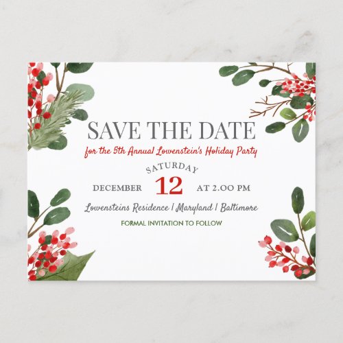 Berry Holly Annual Holiday Party Save The Date  Announcement Postcard
