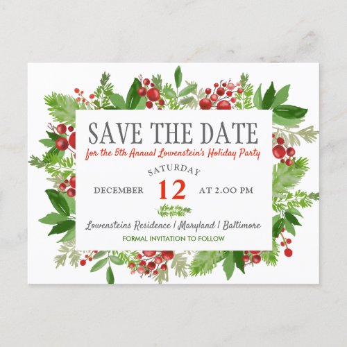 Berry Holly Christmas Holiday Party Save The Date Announcement Postcard