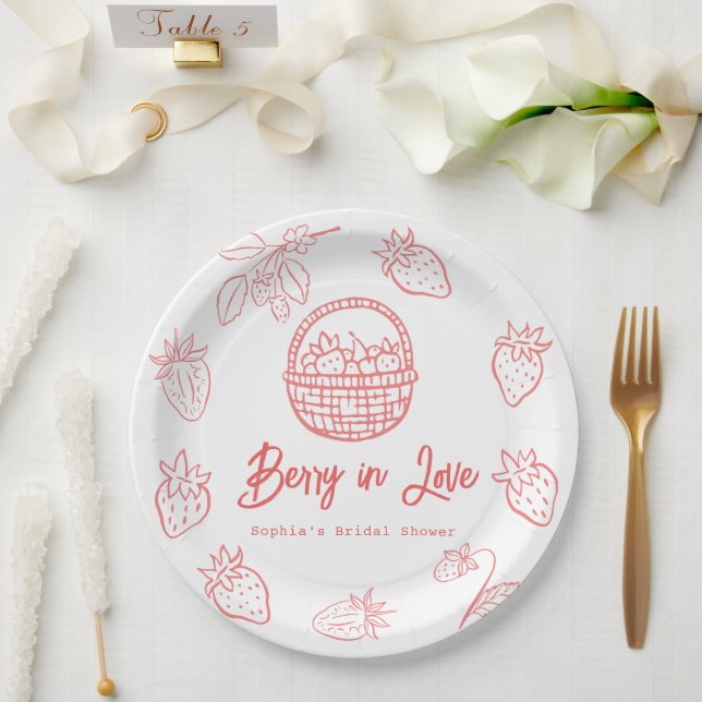 Berry in Love Hand-drawn Strawberry Bridal Shower Paper Plates (Wedding)