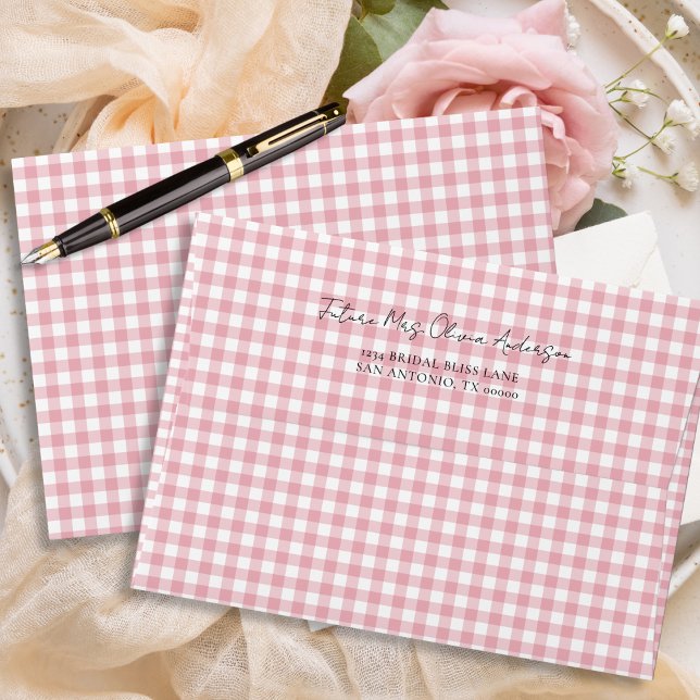 Berry In Love Pink Gingham Bridal Shower Addressed Envelope (Creator Uploaded)