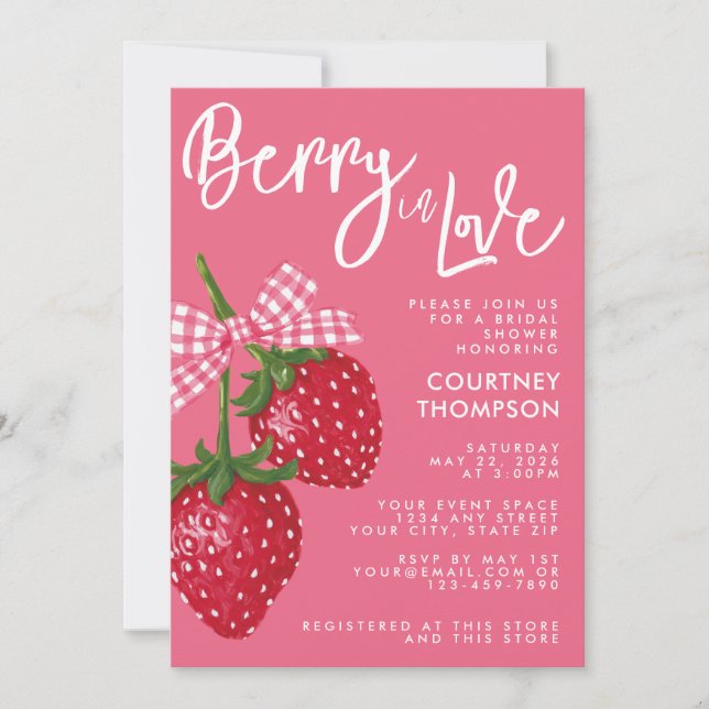 Berry In Love Pink & Red Strawberry Bridal Shower Invitation (Front)