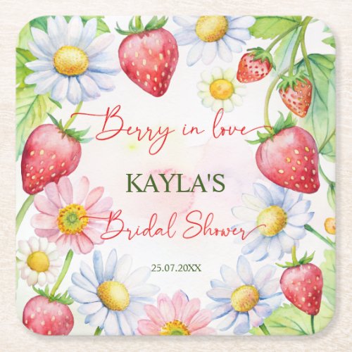 Berry in love strawberry bridal shower favors square paper coaster