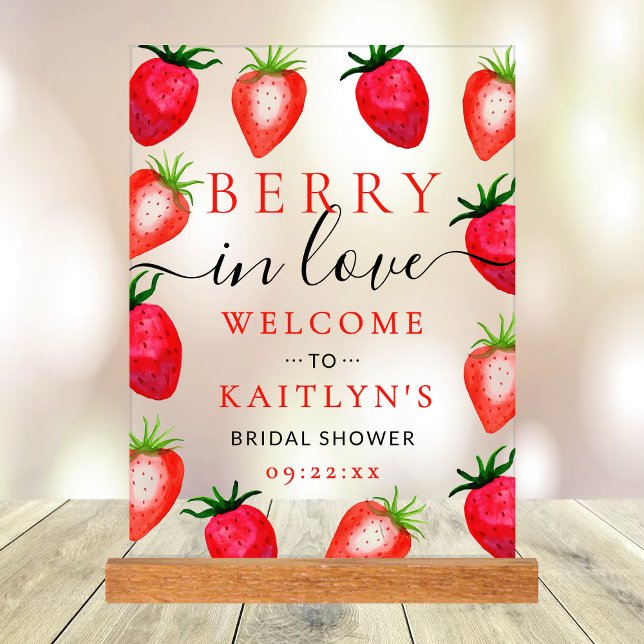 Berry In Love Strawberry Bridal Shower Welcome Acrylic Sign (Creator Uploaded)