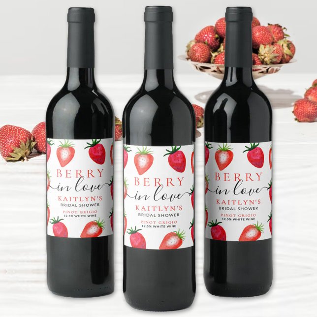 Berry In Love Strawberry Bridal Shower Wine Label (Creator Uploaded)