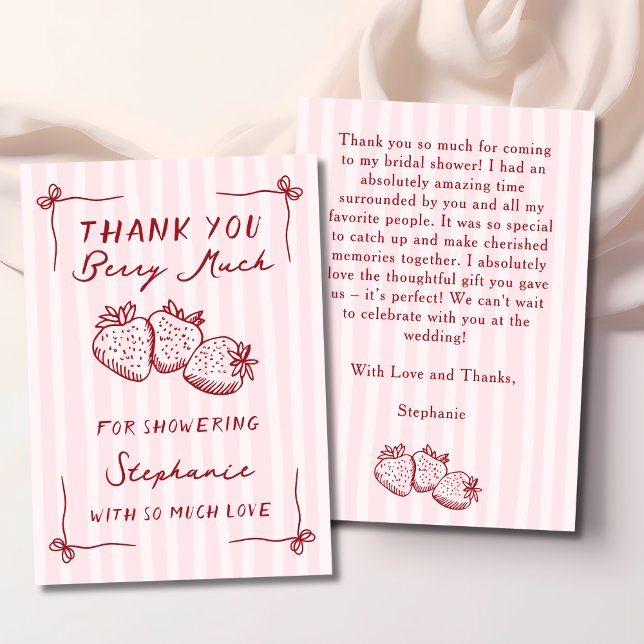 Berry In Love Strawberry Pink Bridal Shower Flat Thank You Card (Creator Uploaded)