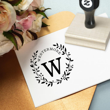 Berry Laurel Wreath Wedding Monogram Rubber Stamp