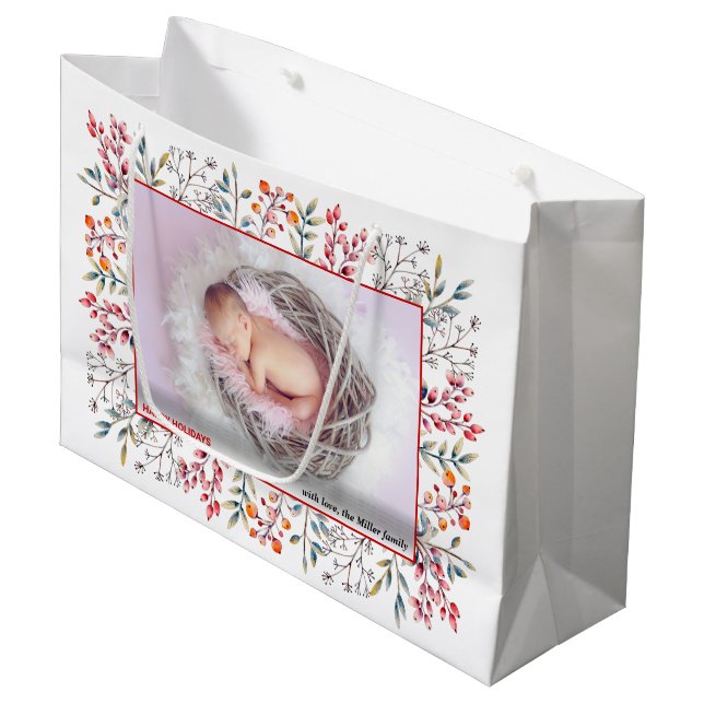 Berry, leaf peach Happy Holidays Christmas photo Large Gift Bag (Front Angled)