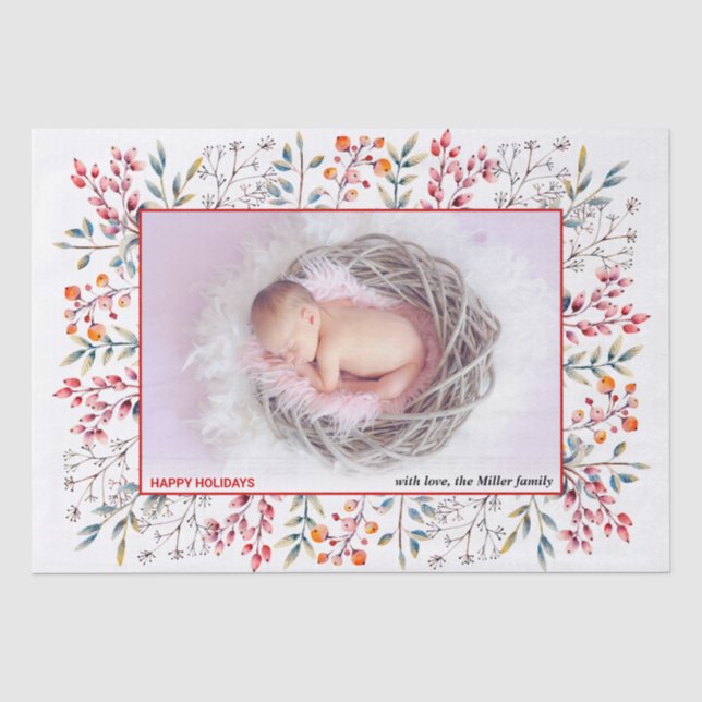 Berry, leaf red Happy Holidays Christmas photo Tissue Paper (Front)