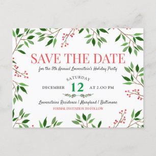 Berry Leaves Christmas Holiday Party Save The Date Announcement Postcard