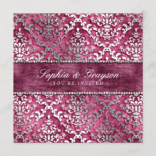 Berry Magenta Glimmer Damask Wedding Invite