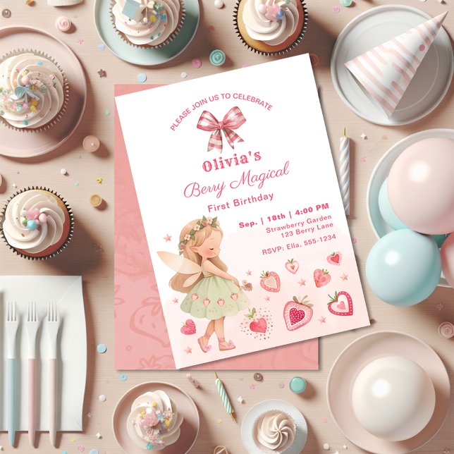 Berry Magical Fairy Girl Strawberry 1st Birthday  Invitation (Creator Uploaded)