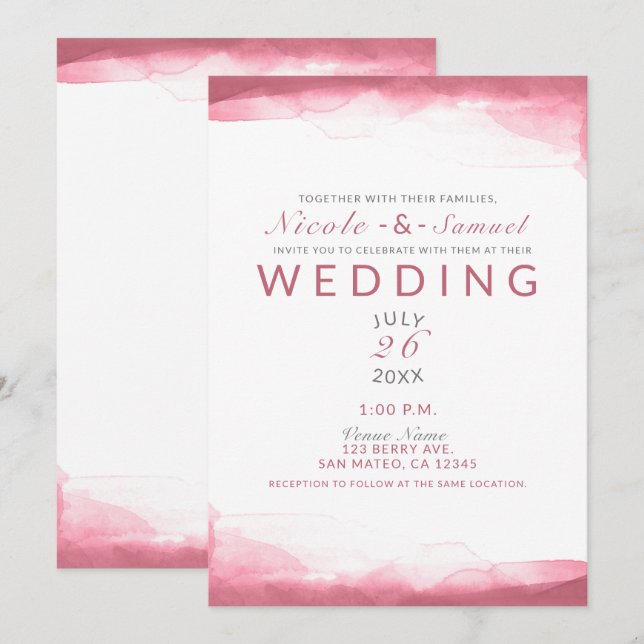 Berry Mauve Pink Watercolor Modern Chic Wedding Invitation (Front/Back)