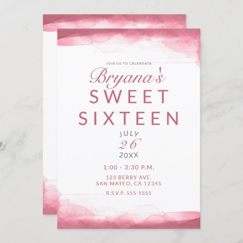 Berry Mauve Pink Watercolor Modern Sweet 16 Invitation