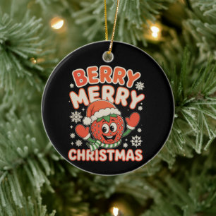 Berry Merry Christmas Cute Strawberry Xmas Holiday Ceramic Ornament