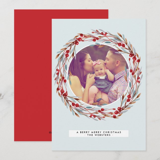 Berry Merry Round Frame Christmas Holiday Card (Front/Back)