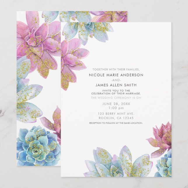 Berry Mint & Gold Garden Succulents Wedding  Invitation (Front/Back)