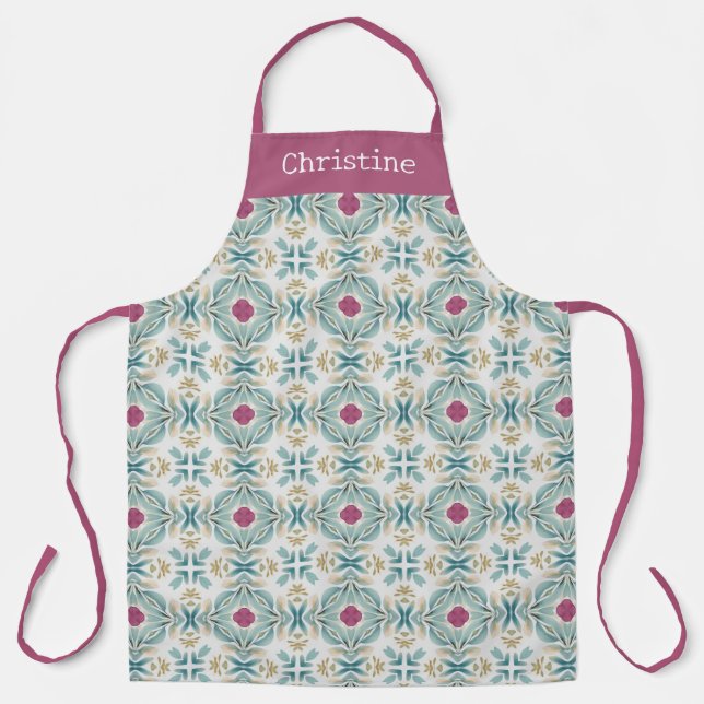 Berry Mint Tile Pattern Personalized Name Apron (Front)