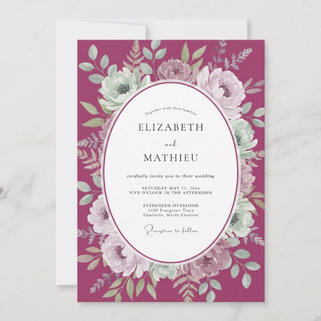Berry Moody Watercolor Wedding Invitation (Front)