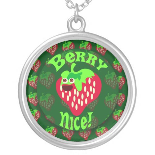 Berry Nice Fun Strawberry Icon Art Cute Fun Silver Plated Necklace