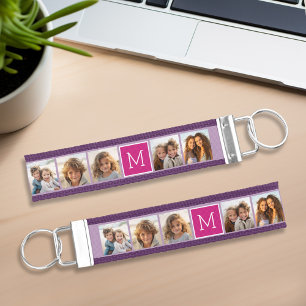 Berry & Orchid 5 Photo Collage with Monogram Wrist Keychain