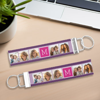 Berry & Orchid Instagram 5 Photo Collage Monogram Wrist Keychain by MarshEnterprises at Zazzle