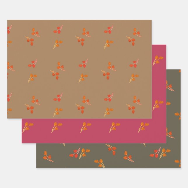 Berry Pattern Olive Green Magenta Brown Wrapping Paper Sheets (Set)