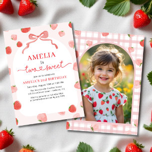 Berry Photo Two Sweet Strawberry 2nd Birthday Invitation