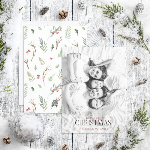 Berry Pinecone Merry Christmas Black  White Photo Holiday Card