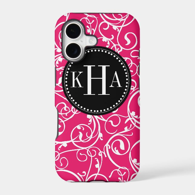 Berry Pink & Black Damask Custom Monogram Pattern Iphone Case (Back)