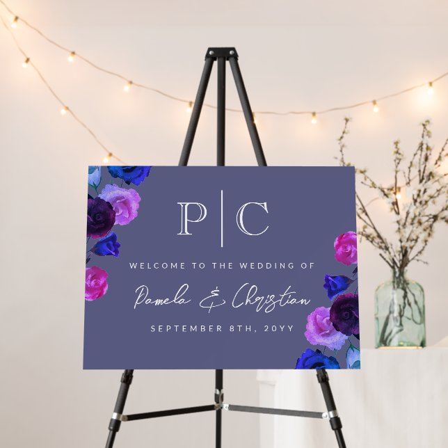 Berry, Pink, Blue Roses Wedding Welcome Sign (In Situ (Stand))