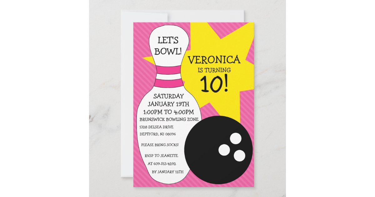 Berry Pink Bowling Bash Bowling Birthday Party Invitation Zazzle Com