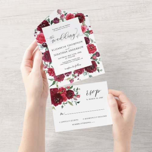 Berry Pink Burgundy Wine Red Wedding Details RSVP All In One Invitation