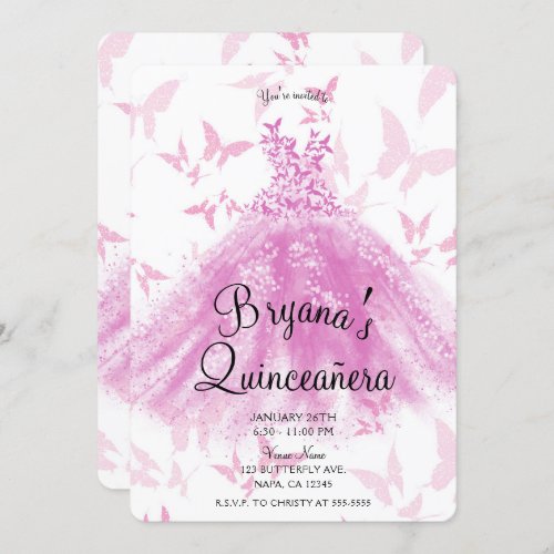 Berry Pink Butterfly Dance Dress Quinceaera  Invitation