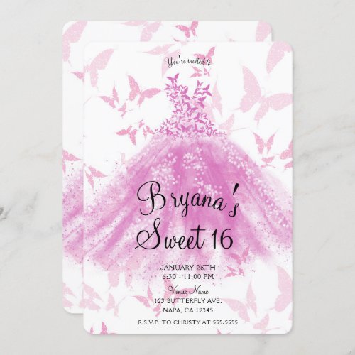 Berry Pink Butterfly Dance Dress Sweet 16 Party Invitation