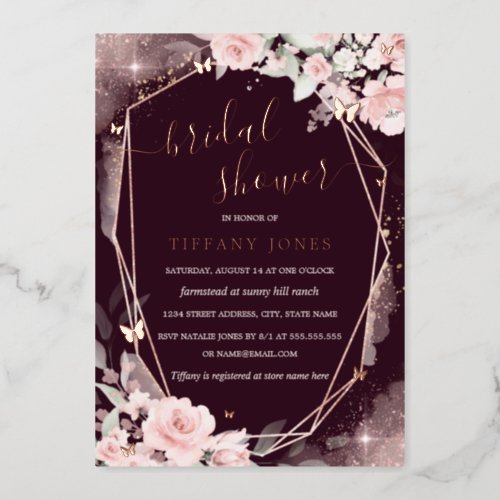 Berry Pink Butterfly Floral Bridal Shower Foil Invitation