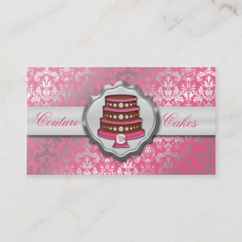 Berry Pink Cake Couture Glitzy Damask Cake Bakery Business Card Template
