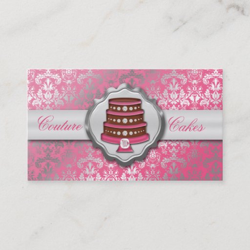 Customizable Berry Pink Cake Couture Glitzy Damask Cake Bakery Business Card Template