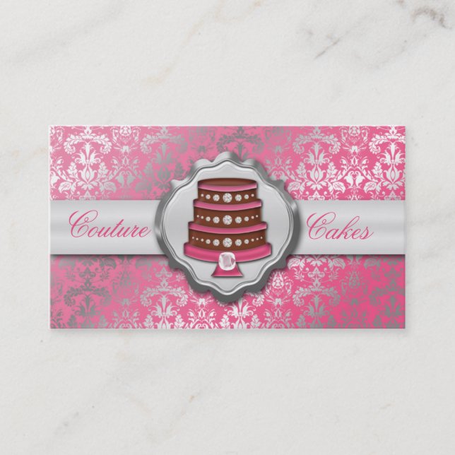 Berry Pink Cake Couture Glitzy Damask Cake Bakery Business Card (Front)