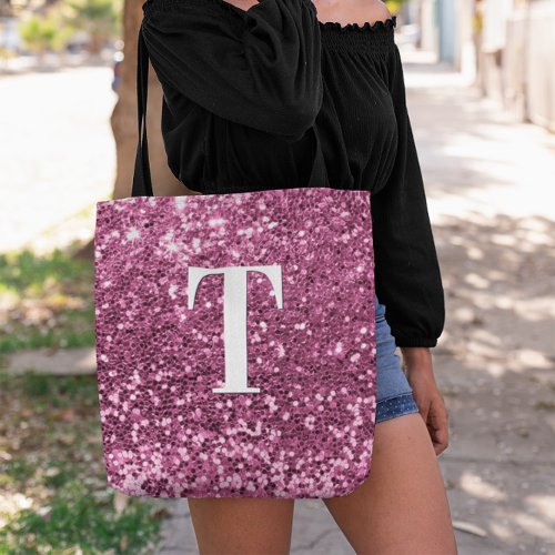 Berry Pink Faux Glitter Bokeh Sparkles Monogram Tote Bag