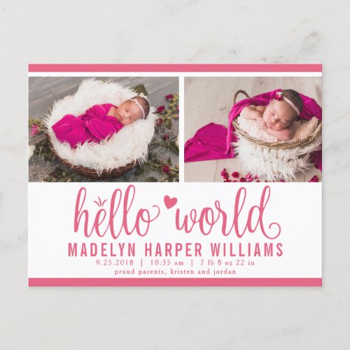 Berry Pink Hello World Photo Birth Stat Announcement Postcard