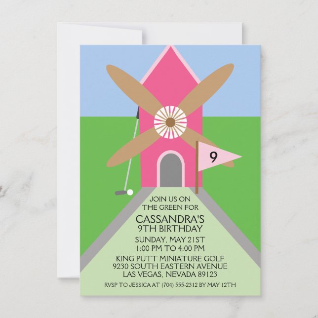 Berry Pink Miniature Golf Windmill Birthday Party Invitation (Front)