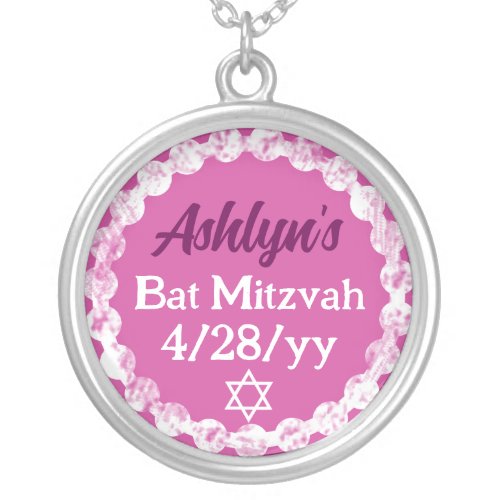 Berry Pink Personalized Bat Mitzvah Keepsake Silver Plated Necklace