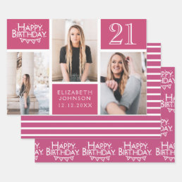Berry Pink Photo Collage 21st Birthday   Wrapping Paper Sheets