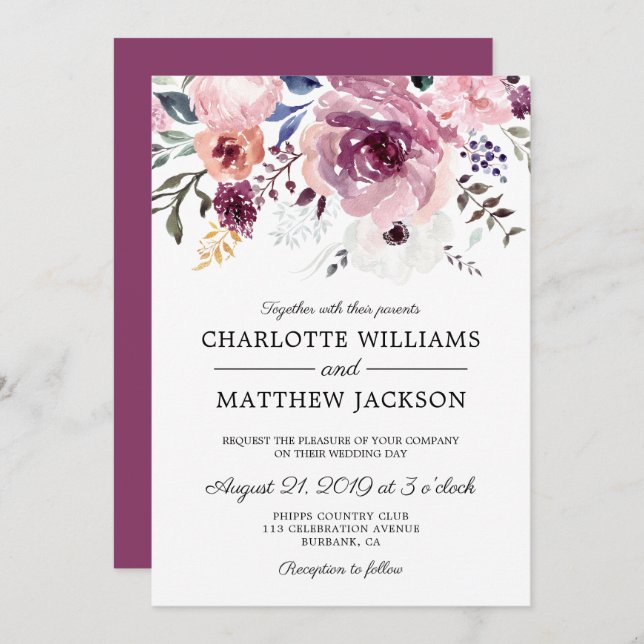 Berry Pink Roses Floral Wedding Invitation (Front/Back)