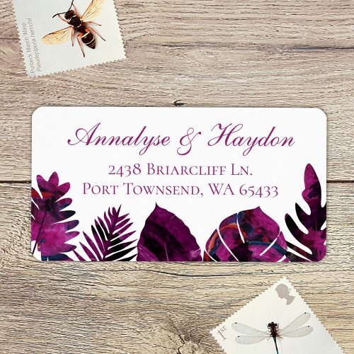 Berry Pink Tropical Leaves Wedding Address Label