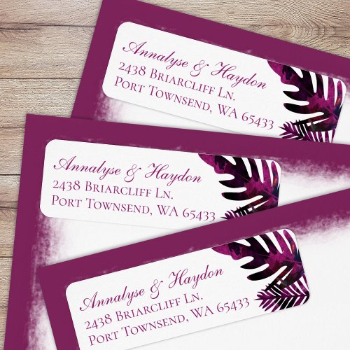 Berry Pink Tropical Leaves Wedding Return Address Label