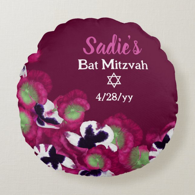 Berry Pink Violet Pansies Personalized Bat Mitzvah Round Pillow (Front)