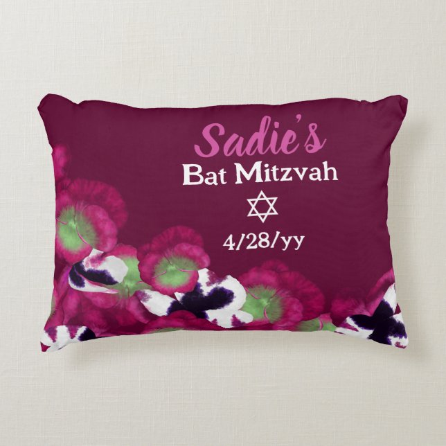Berry Pink Violet Personalized Bat Mitzvah Floral Accent Pillow (Front)