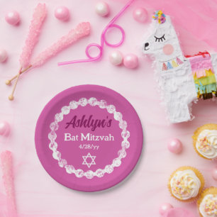 Berry Pink, White Bat Mitzvah Personalized Party Paper Plates